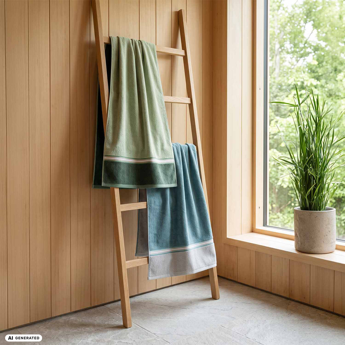 Zwei VOSSEN Handtücher in Salbeigrün und Blau mit dekorativen Streifenbordüren hängen auf einer naturbelassenen Holzleiter. Die warme Holzvertäfelung, das große Fenster und eine grüne Zimmerpflanze schaffen eine natürliche, gemütliche Badezimmeratmosphäre.