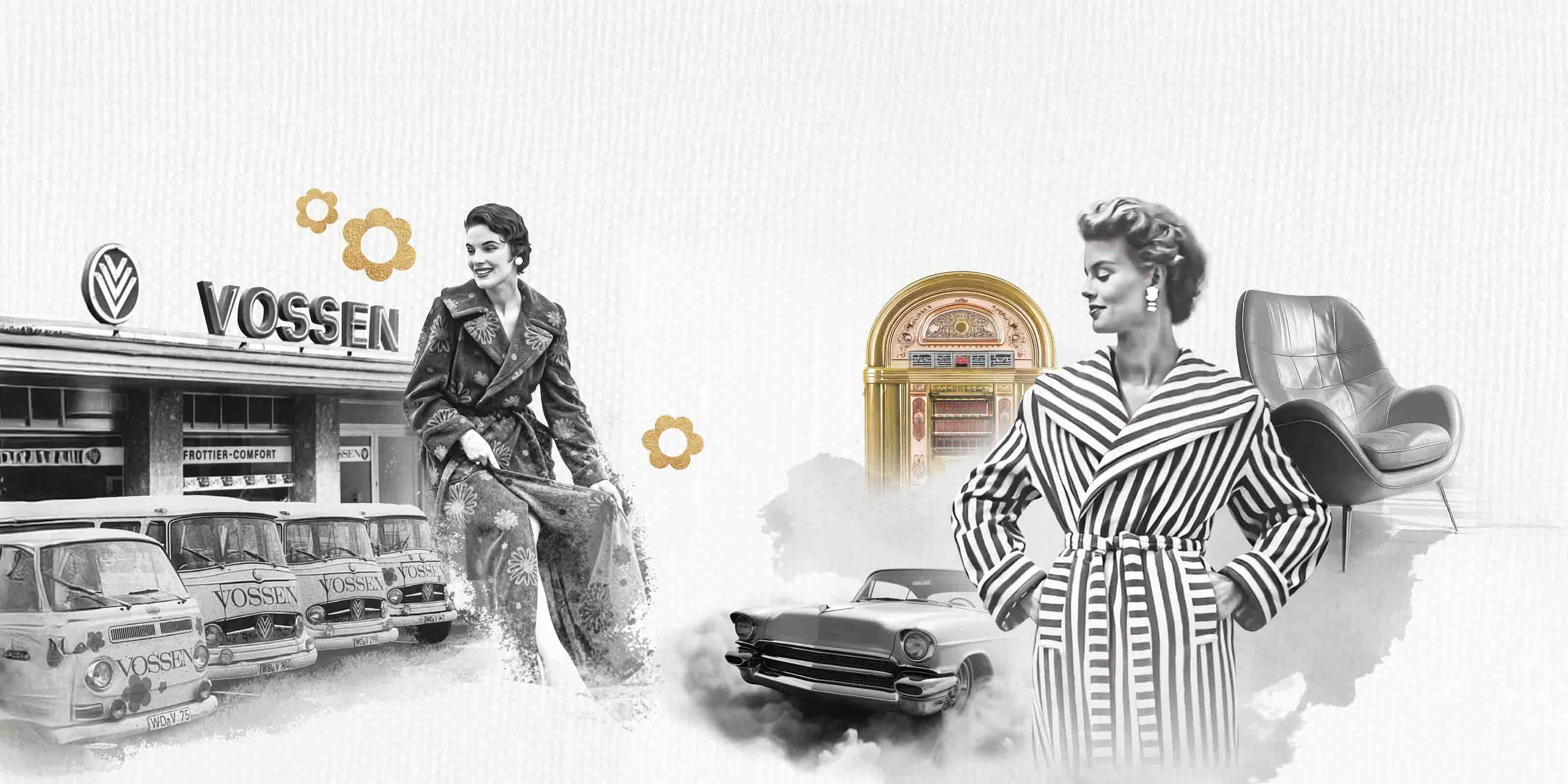 Collage mit VOSSEN-Gebäude, Vintage-Fahrzeugen, Figuren in Mänteln, Jukebox und Sessel.
