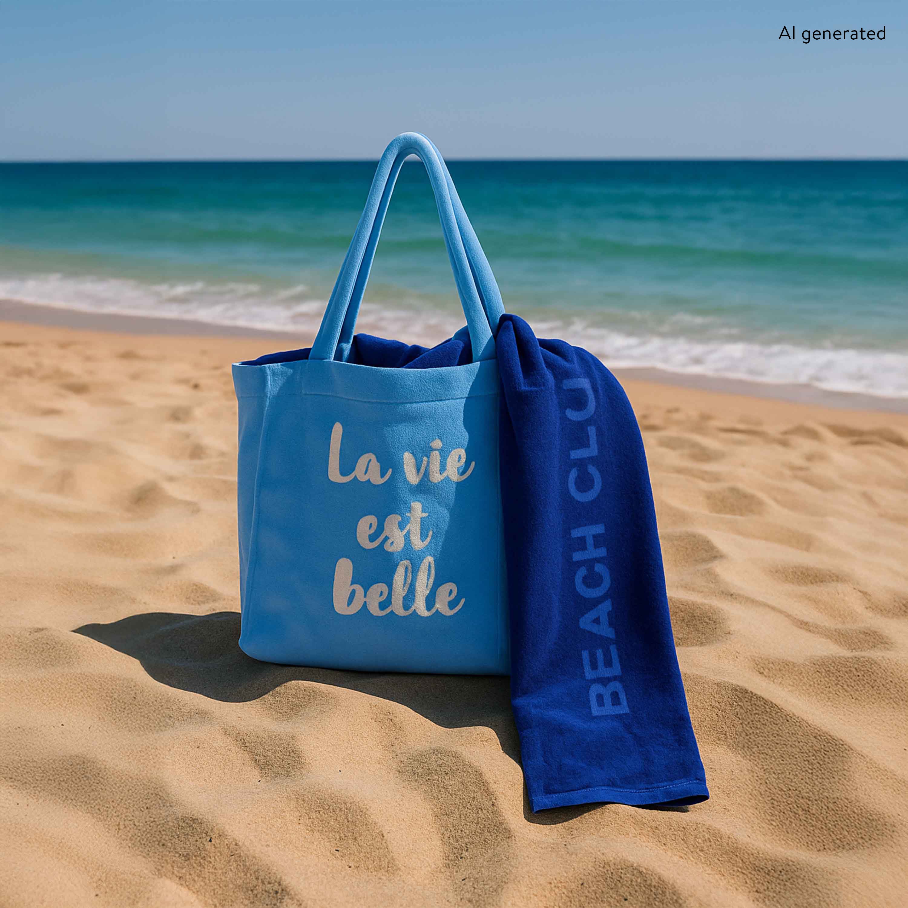 Eine blaue Strandtasche aus Frottier steht am Strand. Ein dunkelblaues Tuch mit der Aufschrift "Beach Club" hängt raus. Im Hintergrund ist das Meer.