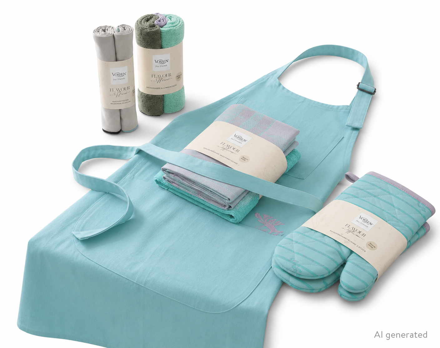 Küchenschürze mit Ofenhandschuhe und Küchenhandtüchern im Geschenkset