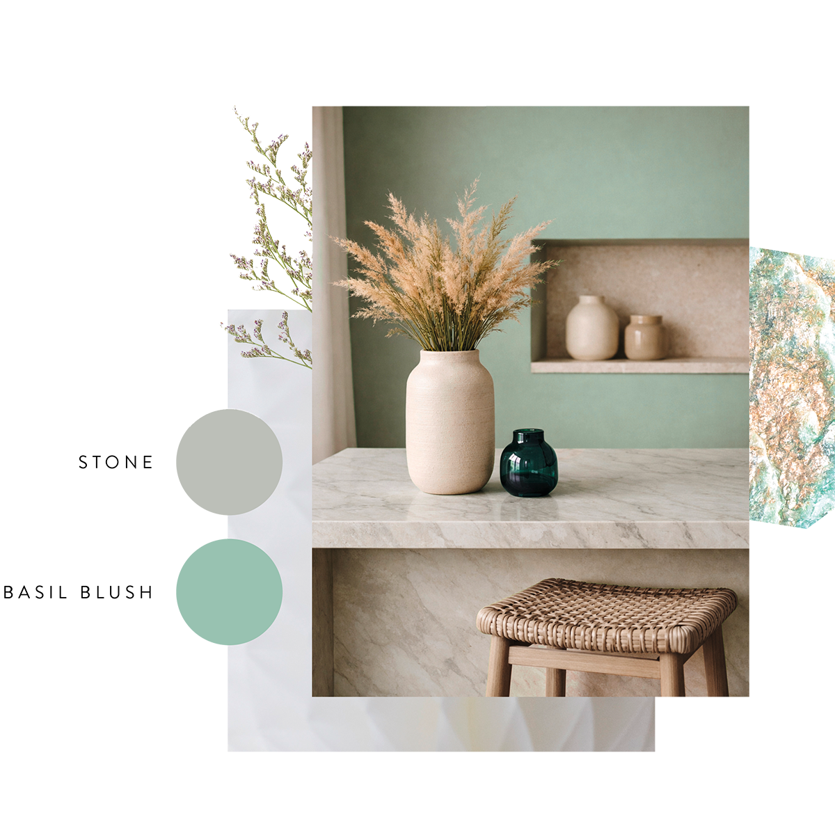 Modernes Interior Moodboard in Grün- und Naturtönen mit Steinwaschtisch, Vase mit Trockenblumen und Korbstuhl im minimalistischen Badezimmer-Design