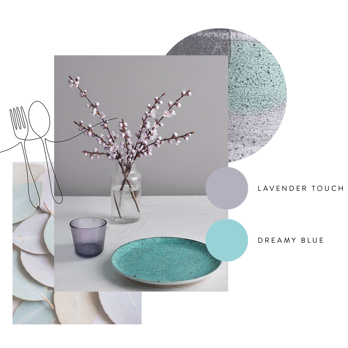 Moodboard mit modernem Geschirr in Petrol und Mint, minimalistische Tischdekoration mit Glasvase und Farbpalette in Grün- und Grautönen