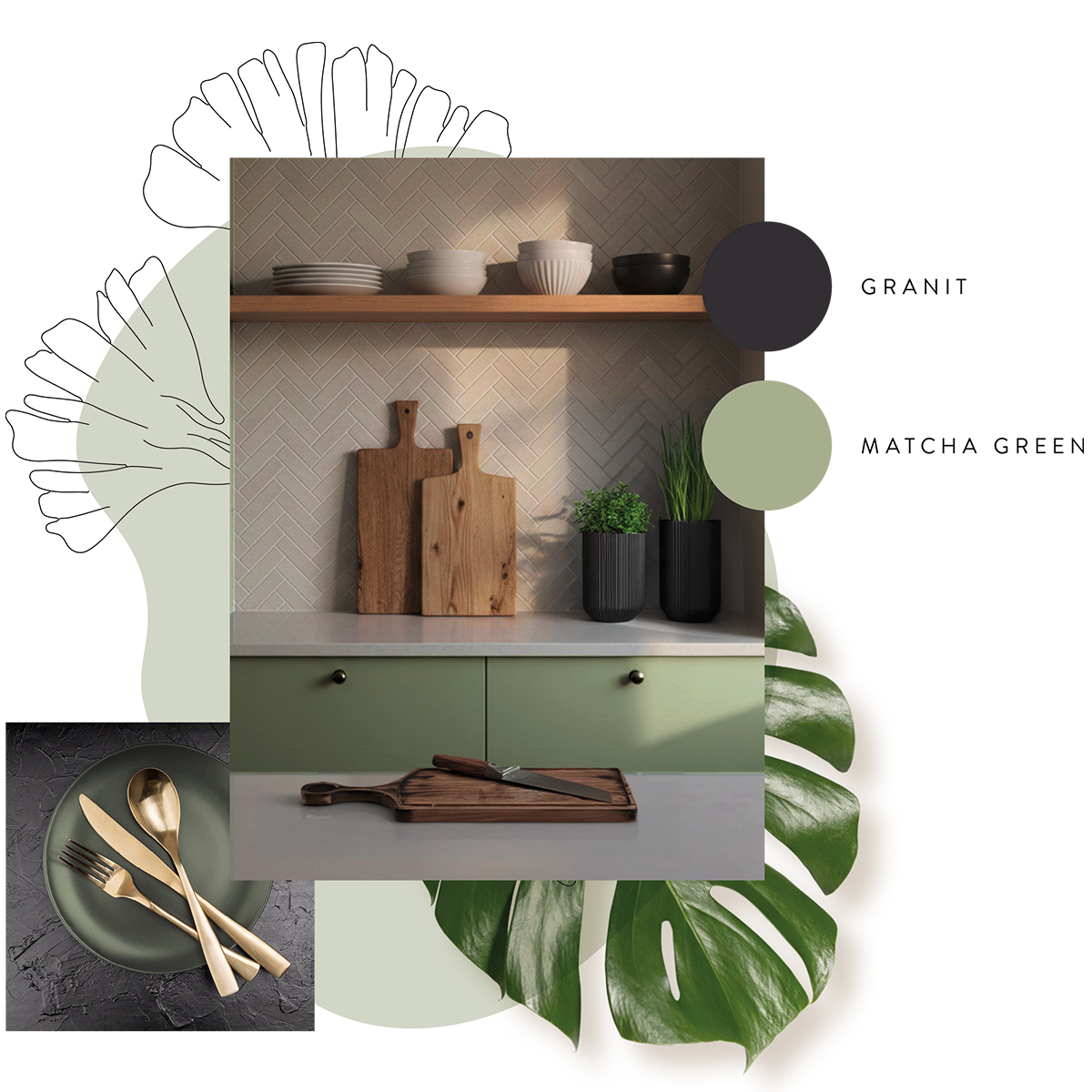 Moodboard mit moderner Küche in Salbeigrün, Holzaccessoires und Farbpalette in Grün- und Anthrazittönen
