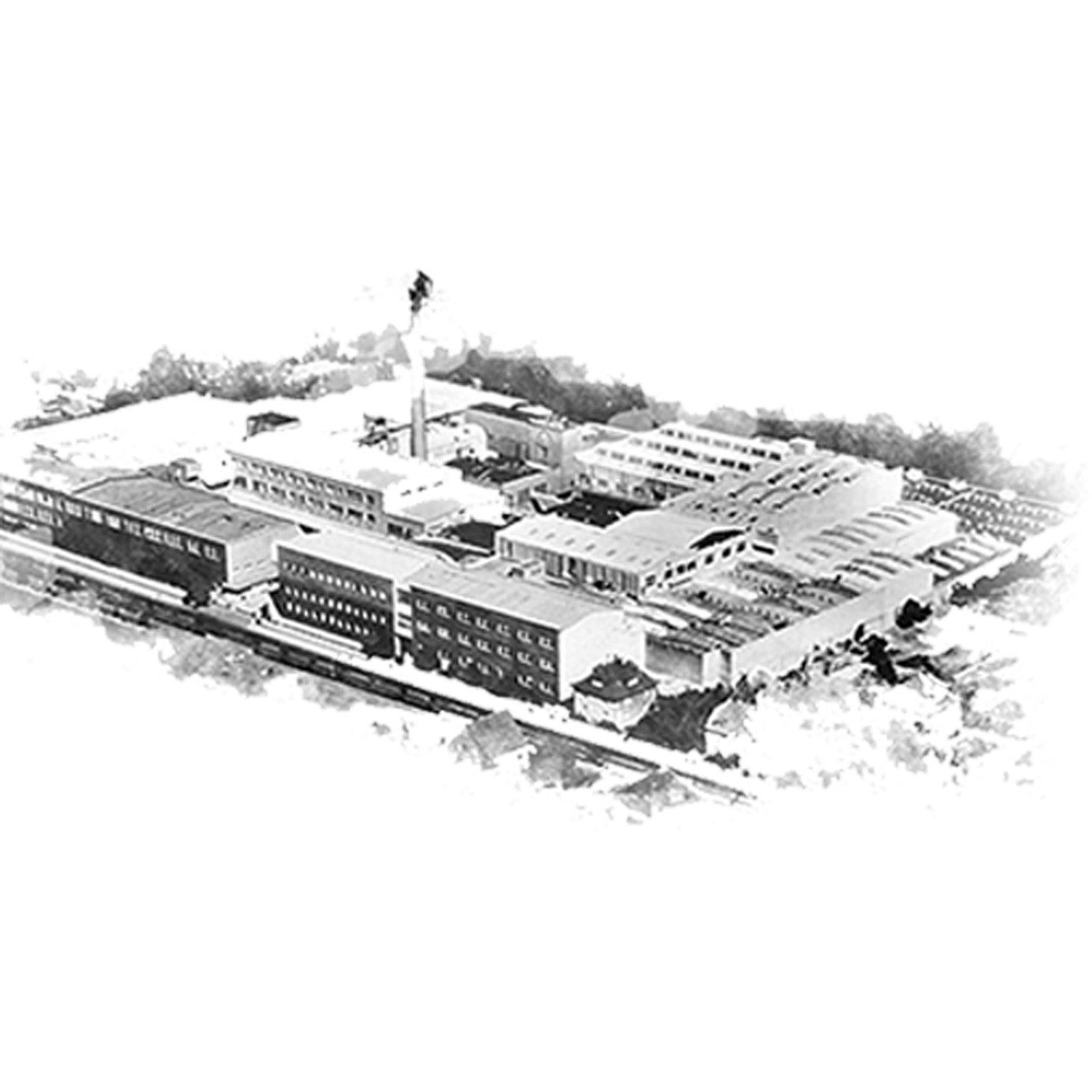 Grafik eines Industriegebäudes in Schwarz-, Weißtönen gehalten.