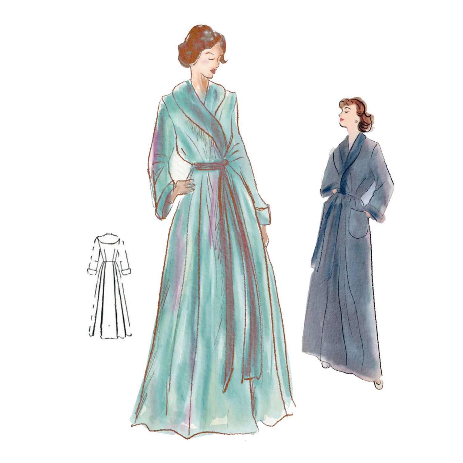 Illustration von drei Frauen in langen Bademänteln in Blau, mittig und rechts farbig, links eine Rückansicht als Schwarz-Weiß-Skizze.