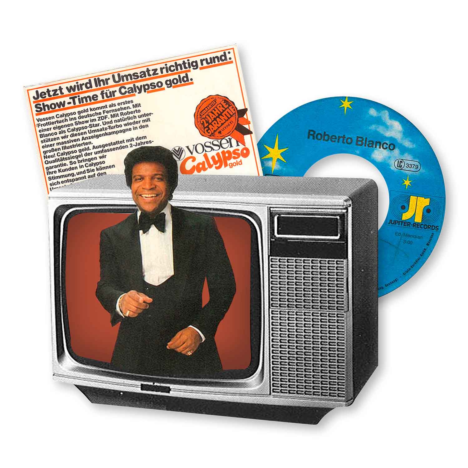 Vintage-Fernseher mit Person im Smoking auf dem Bildschirm, dahinter Werbeflyer auf Deutsch und Schallplatte mit ‚Roberto Blanco‘-Label.