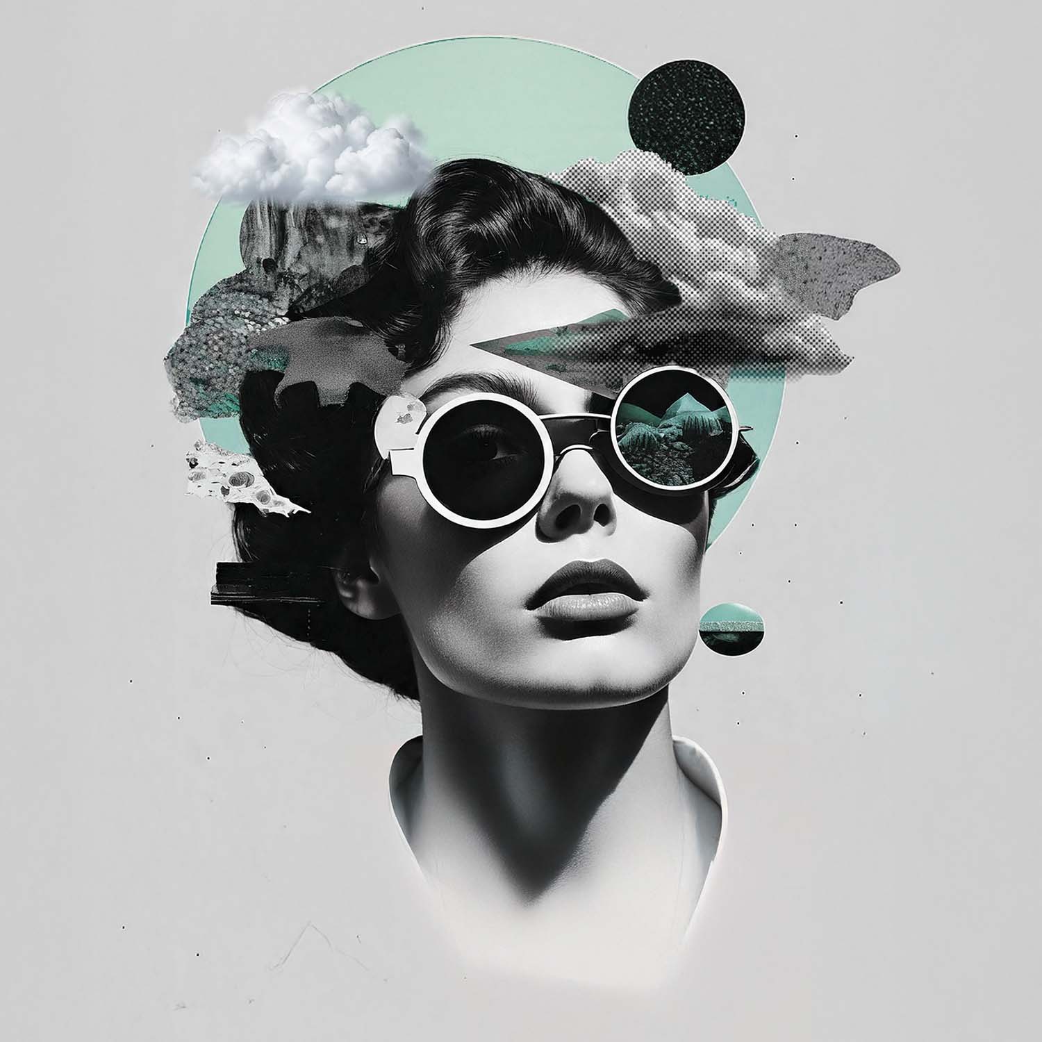 Surreale Collage mit Person, umgeben von Wolken, abstrakten Formen und Texturen.