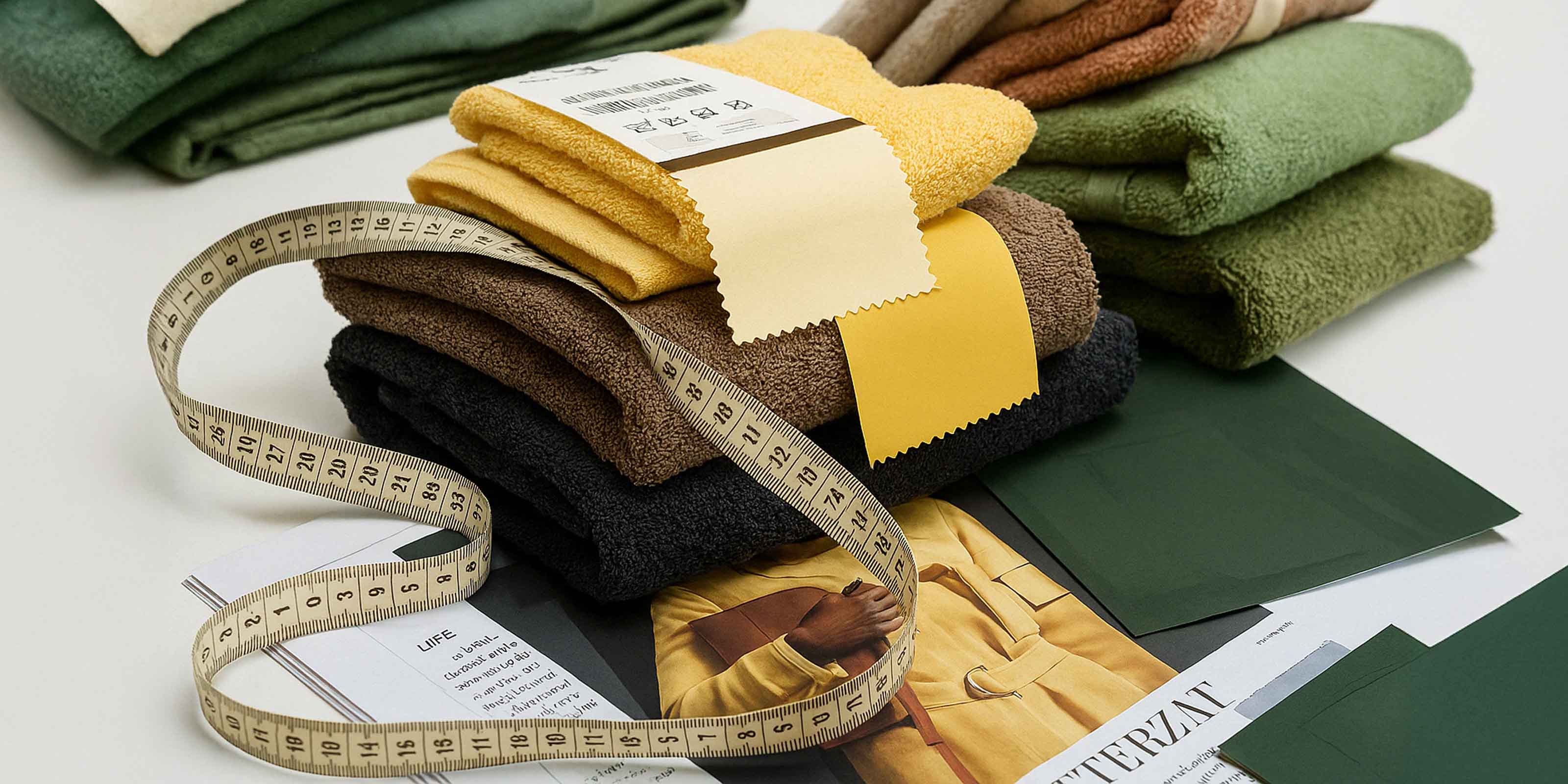 Stapel farbiger Frottierstoffe in Gelb, Braun und Schwarz mit Maßband und Farbmusterkarte; im Hintergrund ein Modemagazin mit Bild einer Person in gelber Kleidung.