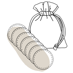 Grafik von wiederverwendbare Abschminkpads neben einem Organza-Beutel.