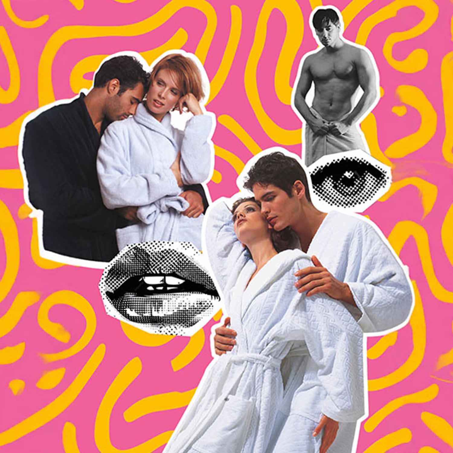 Collage mit pink-gelbem Hintergrund, drei umarmende Paare in weißen Bademänteln, eine Person mit Handtuch, Comic-Illustrationen von Lippen und Auge.