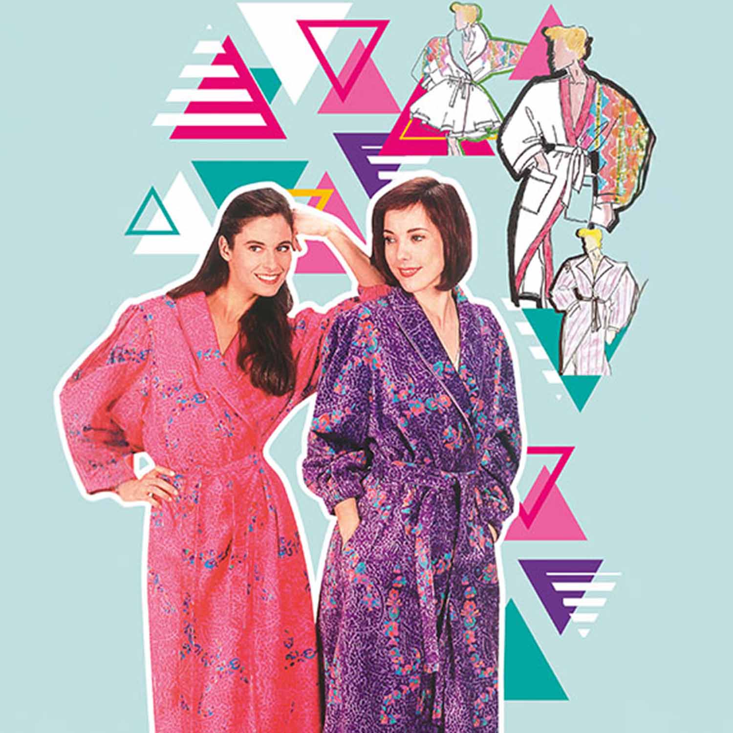 Zwei Personen in bunten Bademänteln vor geometrischem Hintergrund mit weiteren Roben-Illustrationen.