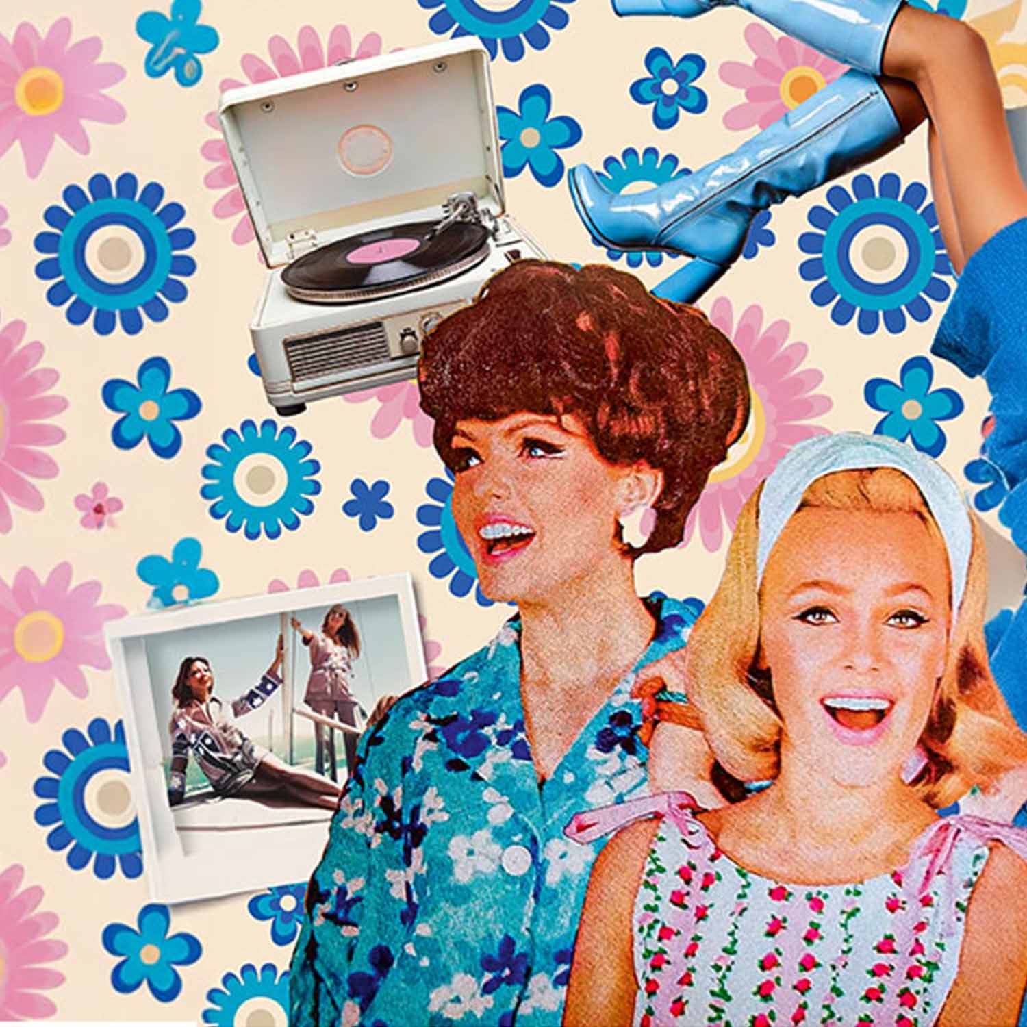 Collage mit Retro-Thema: Plattenspieler, zwei Personen in Vintage-Kleidung, altes Foto, blaue Stiefel und bunte Blumenmuster im Hintergrund.