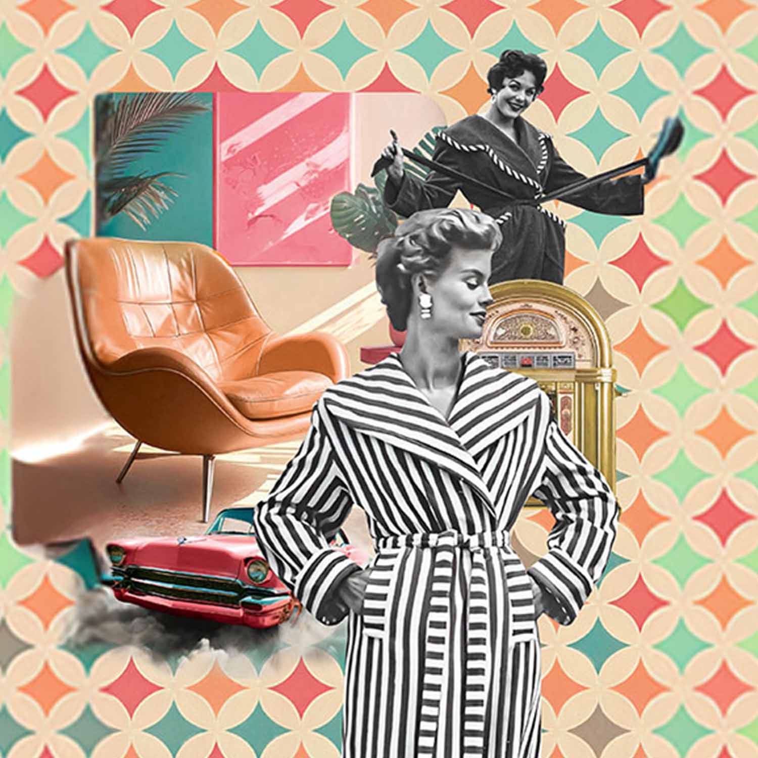 Collage mit buntem Muster, orangener Retro-Sessel, Jukebox, rotem Oldtimer, drei Personen und zwei gerahmte Bilder.