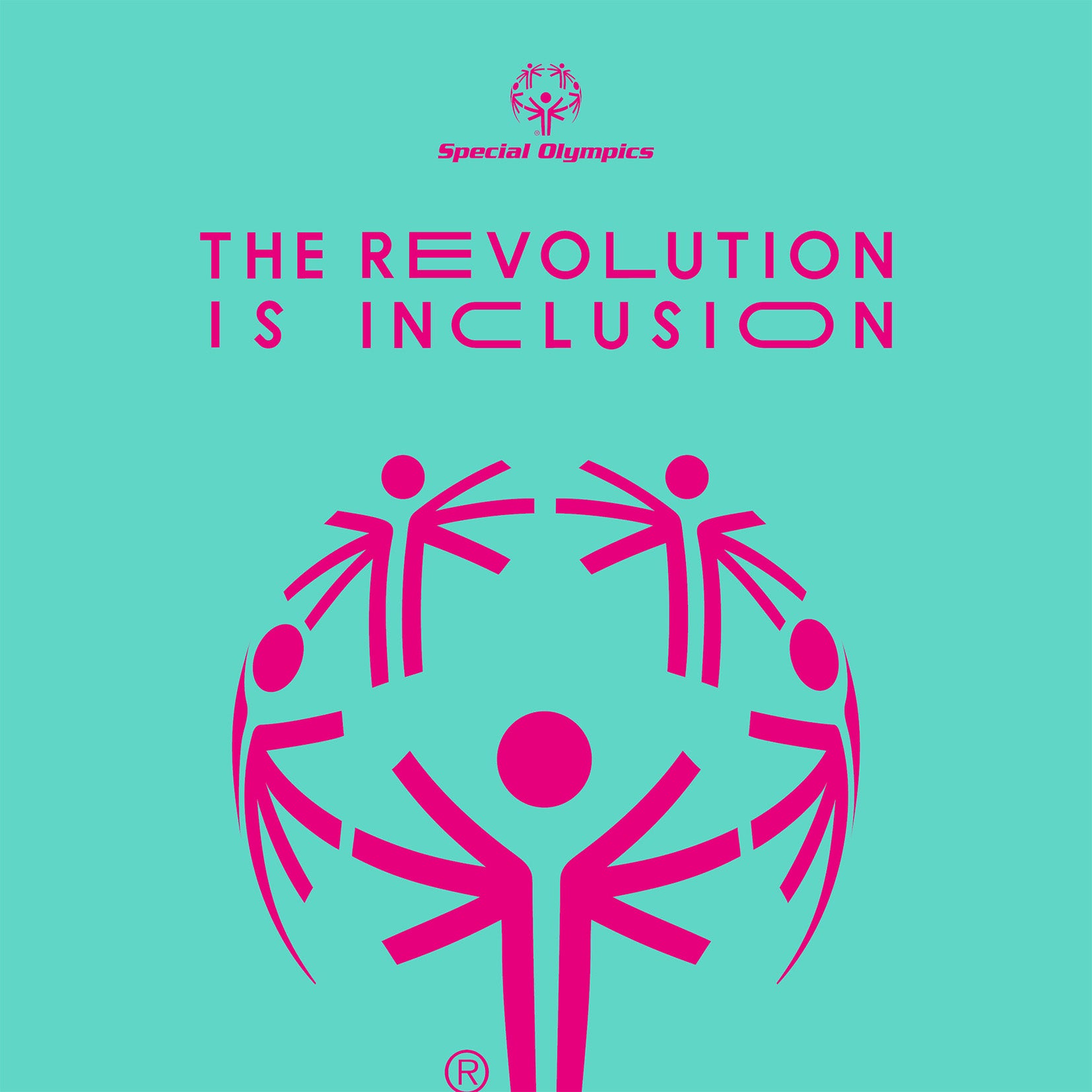 Logo der Special Olympics mit fünf stilisierten Figuren im Kreis. Darunter steht in Pink: ‚THE REVOLUTION IS INCLUSION‘.