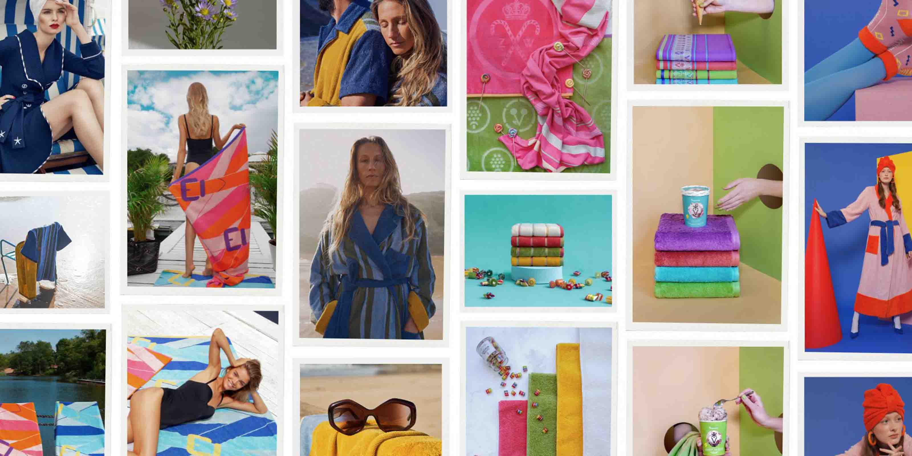 Collage aus Fotos mit Strand- und Poolmotiven: Personen in Bademänteln, Handtüchern und Badebekleidung, bunte Handtuchstapel, Sonnenbrillen und Accessoires. Einige Nahaufnahmen, andere in Außenbereichen.