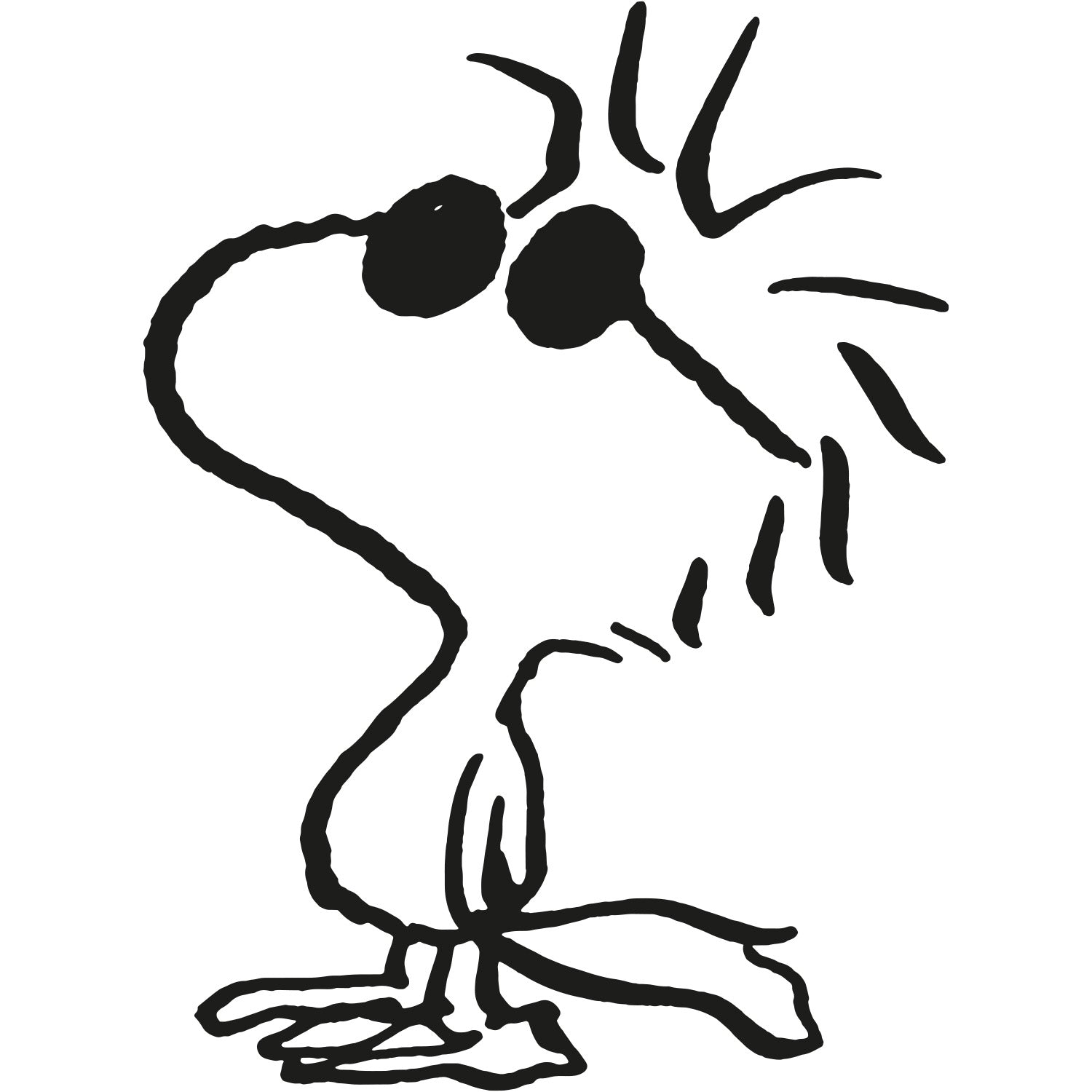 Schwarz-weiße Illustration von Woodstock aus den Peanuts – stilisiertes Motiv im typischen Comic-Look.