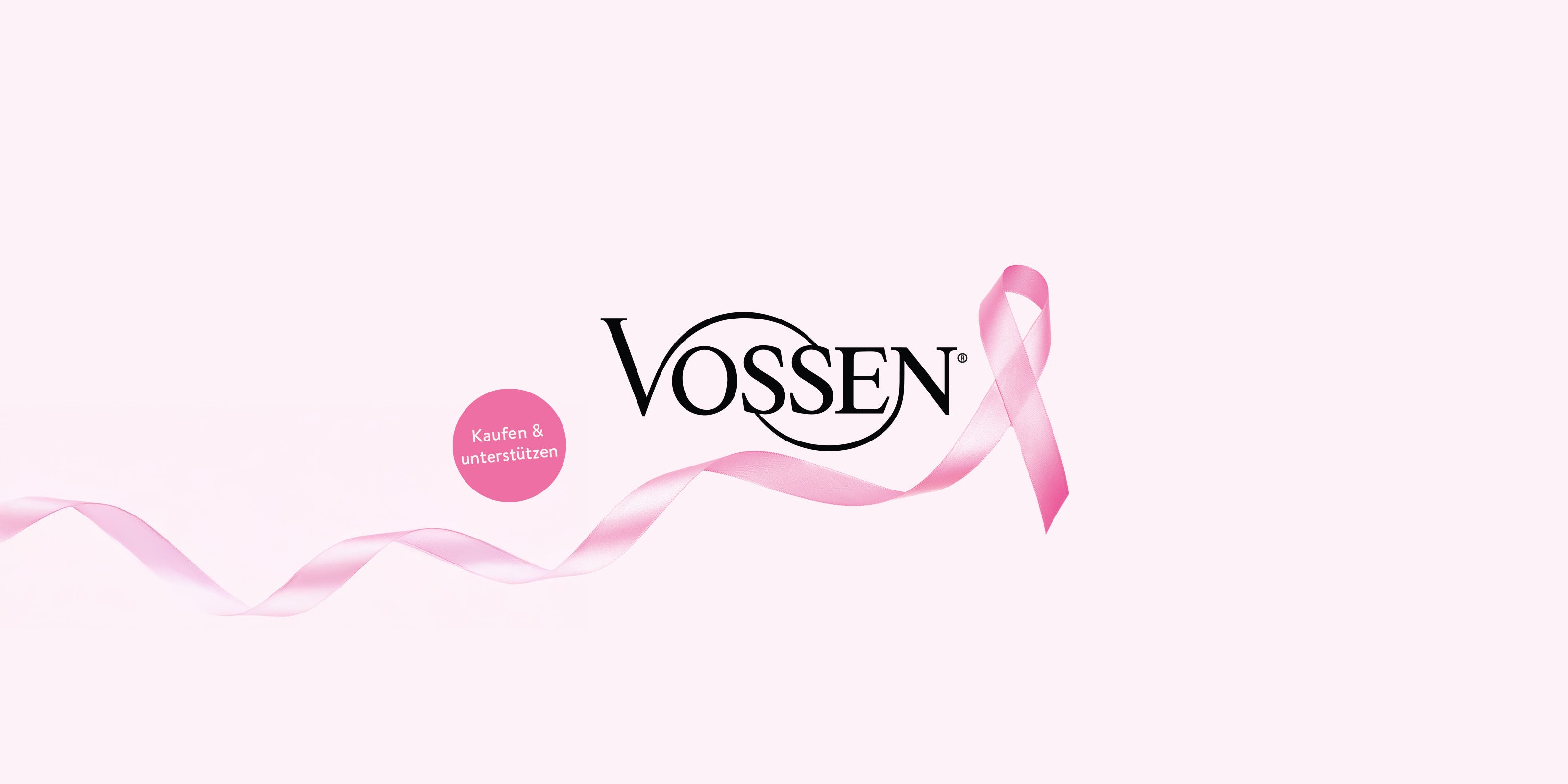 VOSSEN Logo mit rosa Schleife als Zeichen für Brustkrebsbewusstsein und dem Aufruf ‚Kaufen & unterstützen‘ auf hellem Hintergrund.