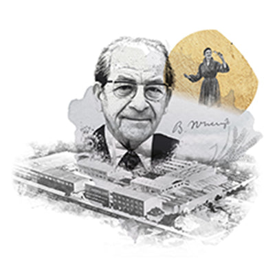 Collage mit Porträt, Gebäudeillustration und weiterer Person im Hintergrund, teilweise sichtbarer Text.