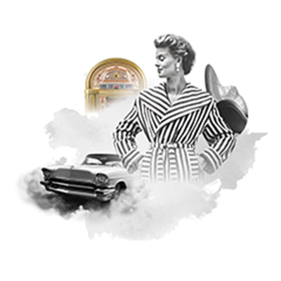 Collage mit Person im gestreiften Bademantel, Oldtimer, Jukebox und High Heels.