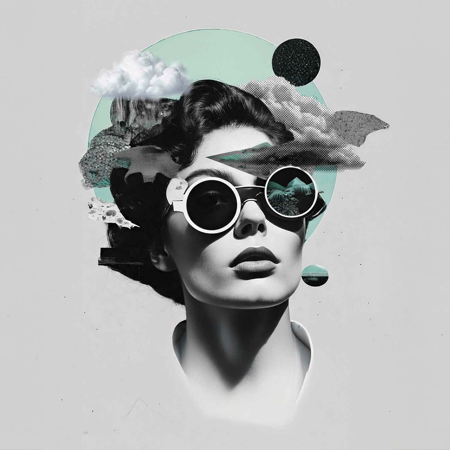 Surreales Porträt einer Frau mit runden Sonnenbrillen, kombiniert mit grafischen Elementen wie Wolken und Landschaften.