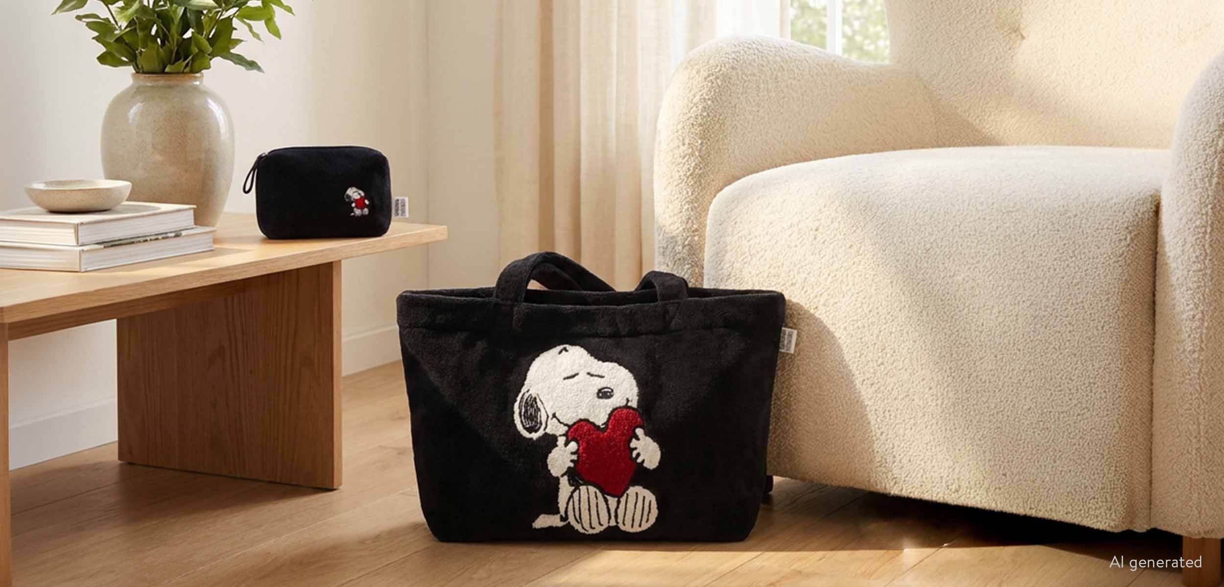 Snoopy Tasche und Kosmetiktasche als stilvolle Wohnaccessoires im Wohnzimmer