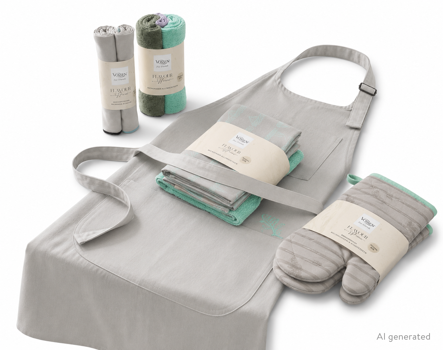 Küchenschürze mit Ofenhandschuhe und Küchenhandtüchern im Geschenkset