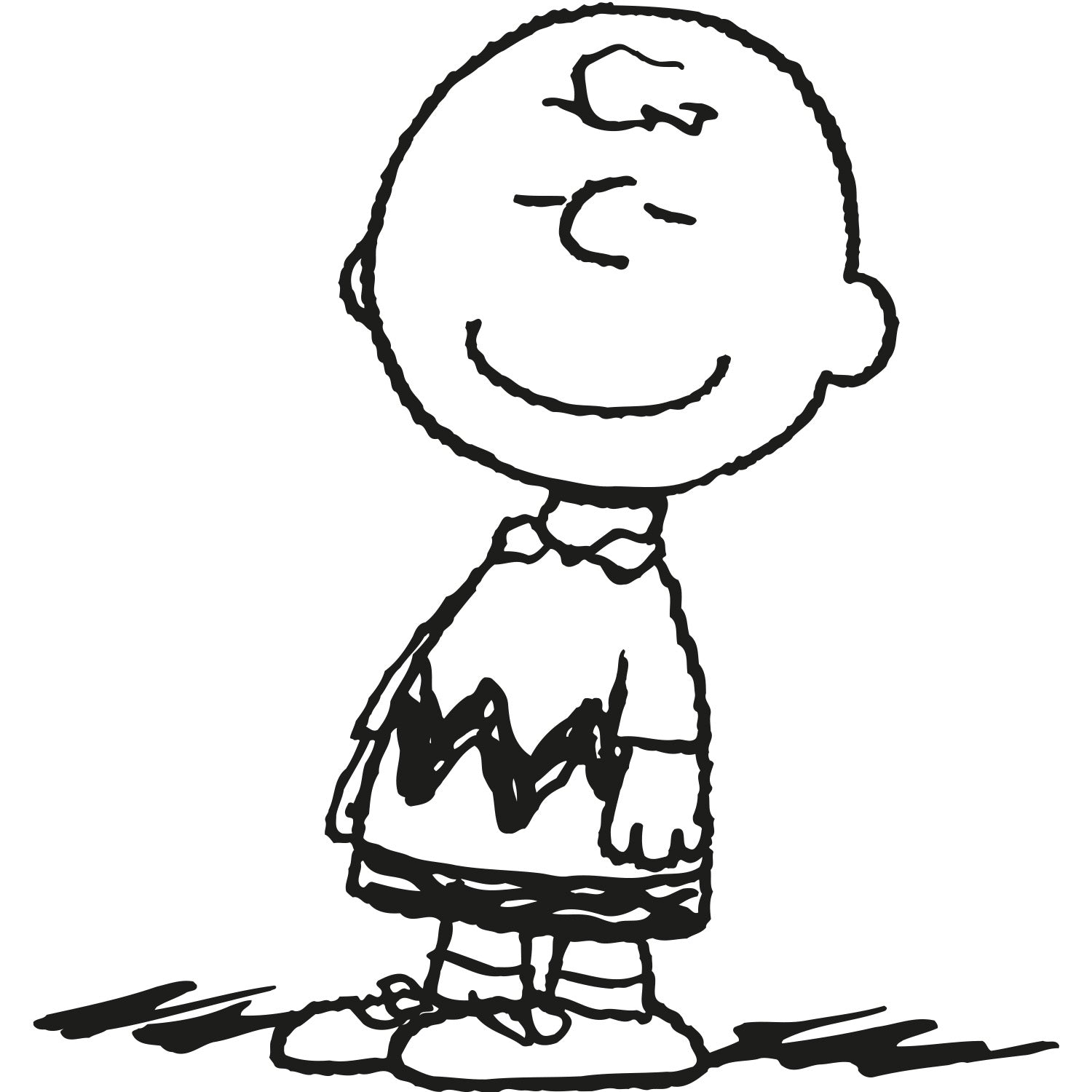 Schwarz-weiße Illustration von Charlie Brown aus den Peanuts – stilisiertes Motiv im typischen Comic-Look.