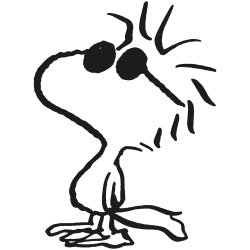 Schwarz-weiße Illustration von Woodstock aus den Peanuts – stilisiertes Motiv im typischen Comic-Look.