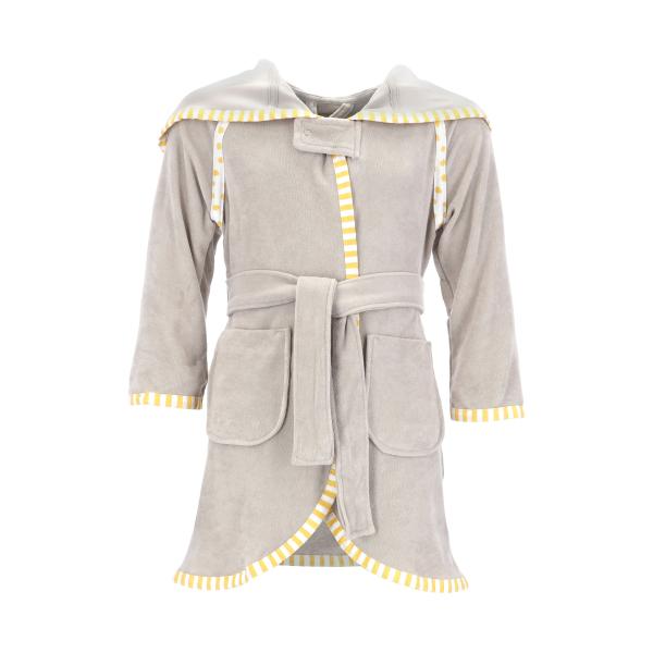 Beige children bathrobe, children bathrobe with snap closure, children bathrobe with yellow desgins